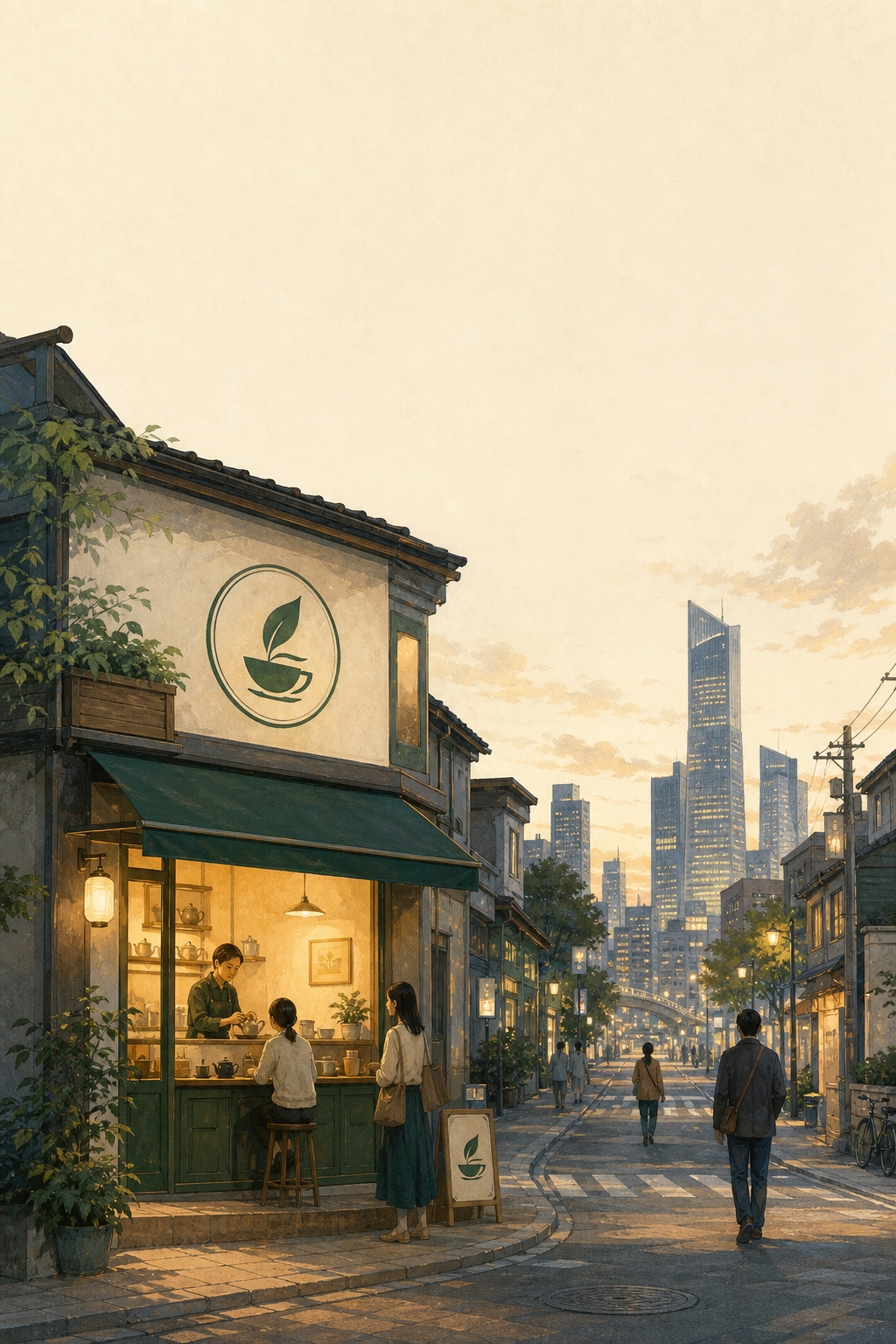 一间普通街角茶铺沿城市道路通向远处的现代天际线,象征从理解小生意走向理解上市公司