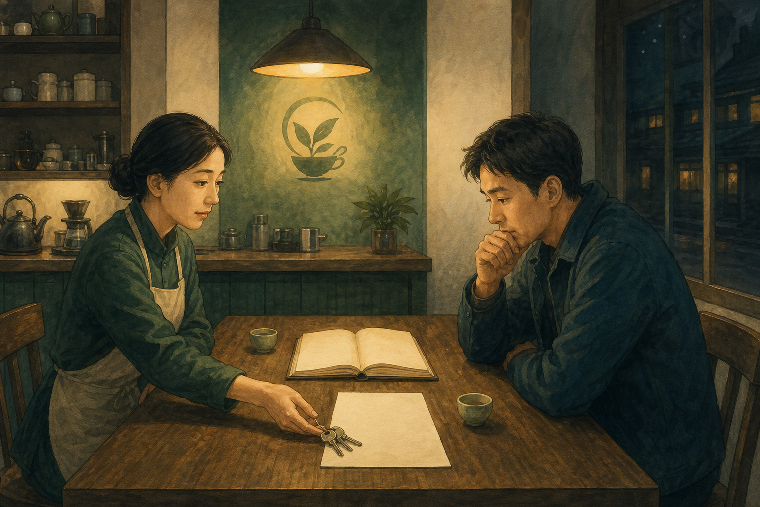 打烊后的青禾茶铺里，老板把钥匙和空白报价纸推向潜在买家，桌上摊着尚未核实的账本