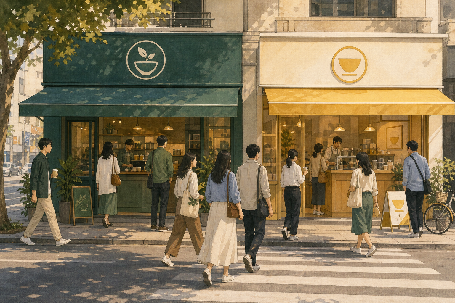 两家不同的茶饮店相邻营业,共同面对同一股街道人流,表现高利润吸引竞争者进入后的客流争夺